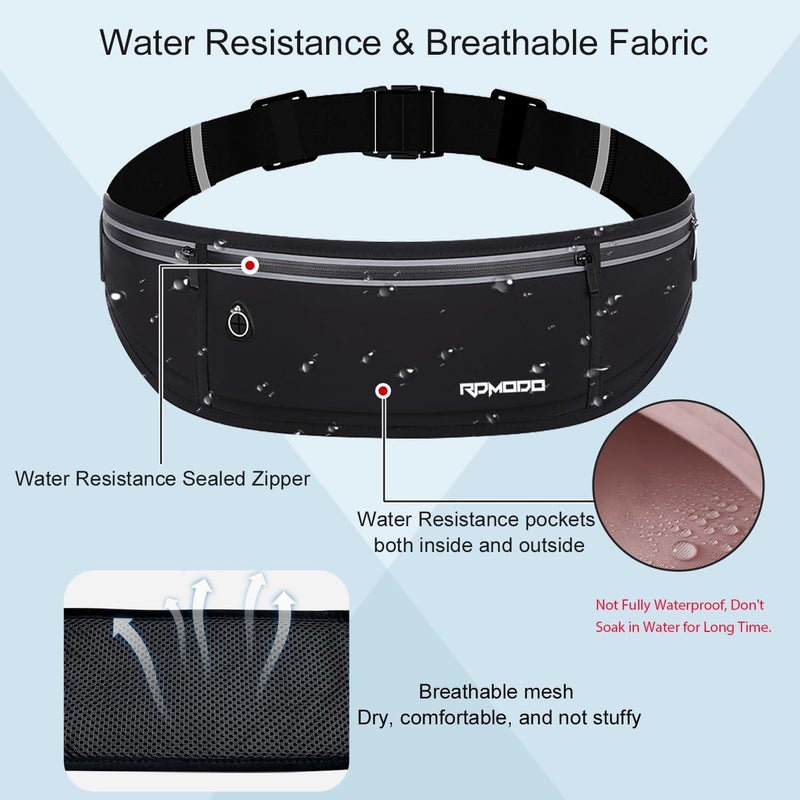 RDMODO Slim Running Belt，Water Resistant Fanny Pack for Women Men，3 Pocket Phone Holder for Running Walking Cycling，Adjustable Reflective Running Waist Bag for iPhone 16 15 14 13 Pro Max Samsung Black - Image 5
